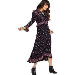Free people Med Calico Skies Floral Ruffle Button 3/4 Sleeve Dress Black Purple